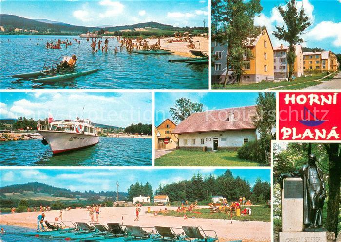 Horni Plana Badestrand Moldaustausee Fahrgastschiff Denkmal Ortsmotiv