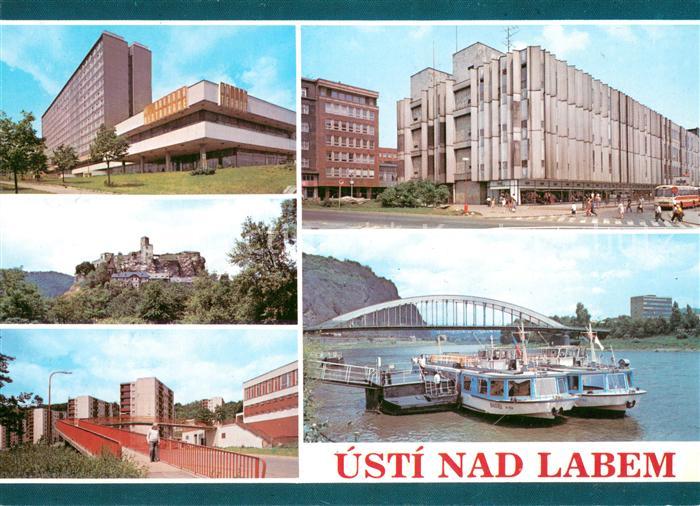 Usti nad Labem Motiv Innenstadt Hochhaeuser Siedlung Elbe Hafen Fahrgastschiffe