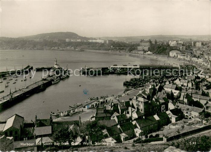 Scarborough UK Harbour and South Bay from Castle Walls Air view