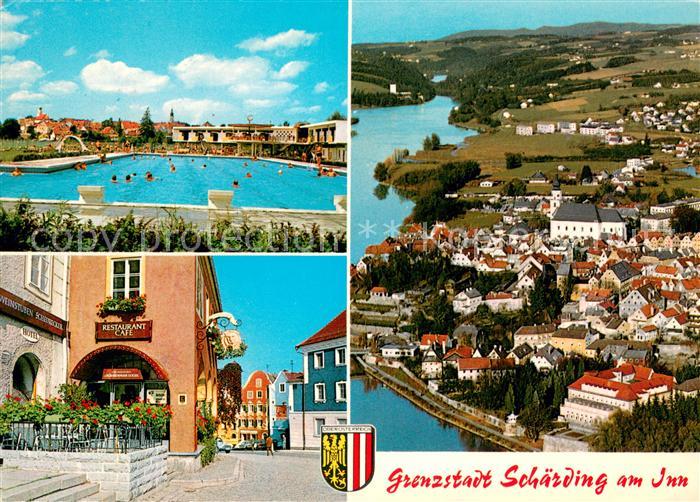 Schaerding Grenzstadt am Inn Fliegeraufnahme Freibad Innenstadt Restaurant Cafe