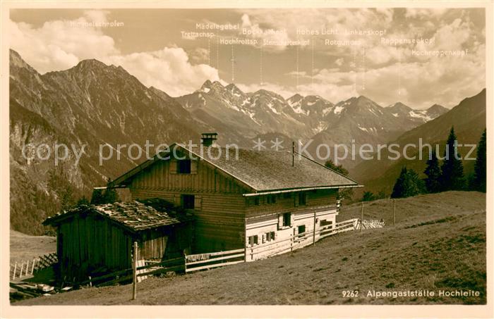 Oberstdorf Alpengaststaette Hochleite Panorama Blick gegen Maegdelegabelgruppe