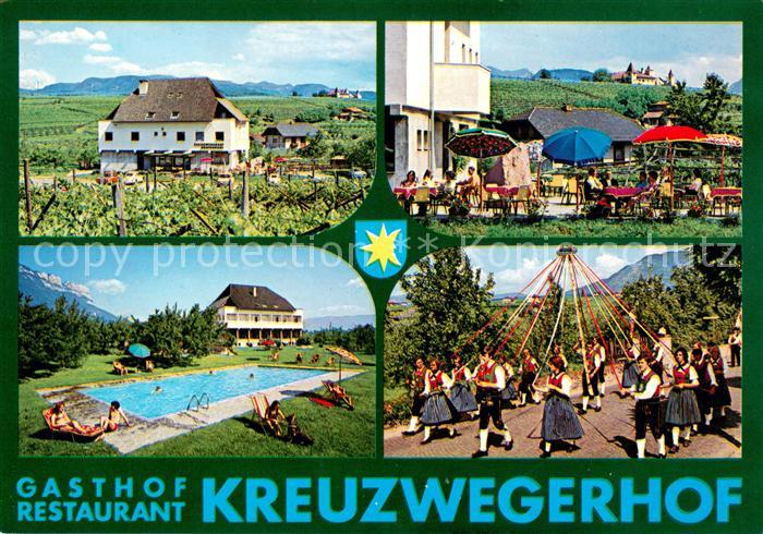 Eppan Suedtirol Gasthof Restaurant Kreuzwegerhof Terrasse Pool Trachtengruppe