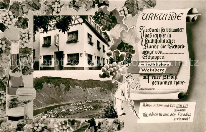 Ernst Cochem Weinhaus Zum froehlichen Weinberg Urkunde Pension Weintrauben Weinf