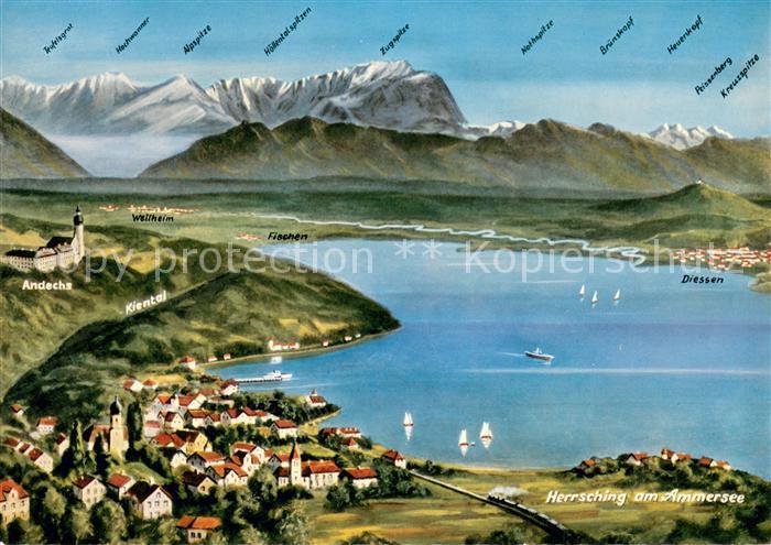 Herrsching Ammersee mit Kloster Andechs und Zugspitze Wettersteingebirge Panoram
