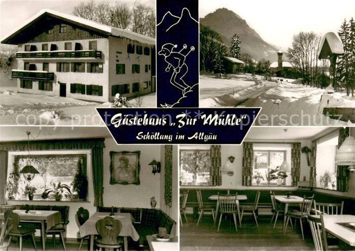 Schoellang Gaestehaus Zur Muehle Gastraum Winterlandschaft Alpen