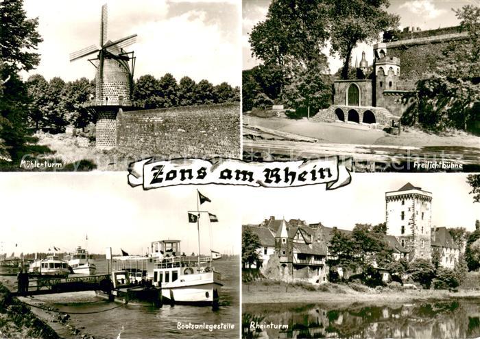 Zons Rhein NRW Muehlenturm Freilichtbuehne Bootsanlegestelle Rheinturm