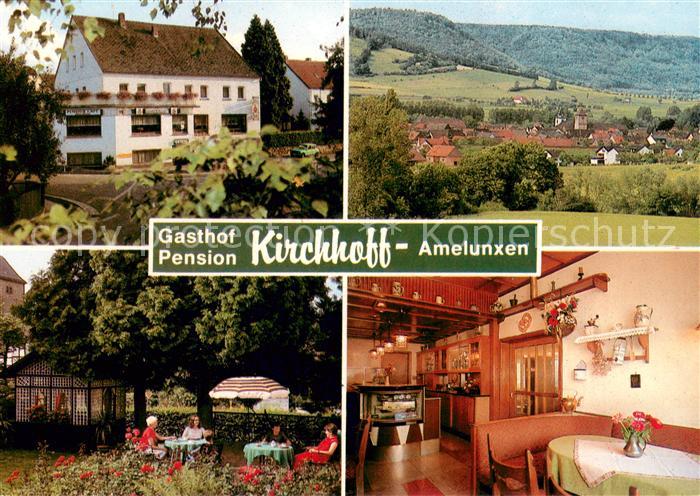 Amelunxen Gasthof Pension Kirchhoff Gastraum Garten Ortsansicht mit Kirche