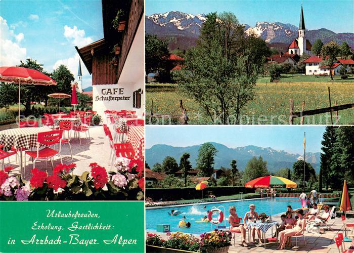 Arzbach Bad Toelz Cafe Schusterpeter Terrasse Swimming Pool Blick zur Kirche Alp