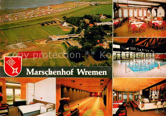 Wremen Fliegeraufnahme Marschenhof Gastraeume Hallenbad Zimmer Kegelbahn