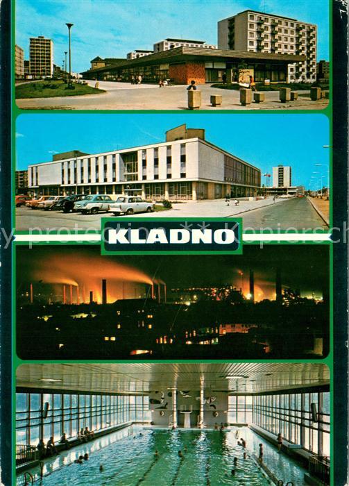 Kladno Tschechien Wohnsiedlung Kulturhaus Stadtpanorama bei Nacht Hallenbad