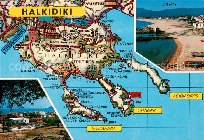 Halkidiki Chalkidiki Landkarte Halbinsel aegaeis Kuestenort Sarti Strand