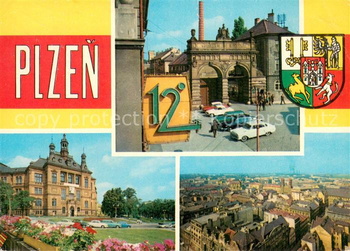 Plzen Pilsen Tor der Brauerei Gebaeude Stadtpanorama Wappen
