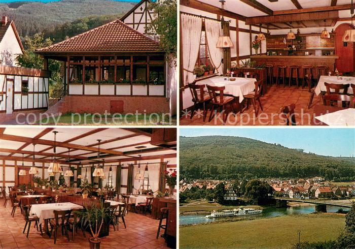 Gieselwerder Cafe Scholle Gastraum Fahrgastschiff Panorama mit Weser