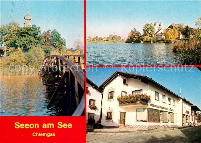 Seeon-Seebruck Haus Krah Holzbruecke Uferpartie am See Kloster Kirche