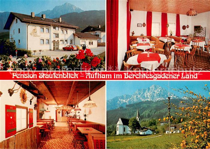 Aufham Anger Pension Staufenblick Gastraum Baumbluete Motiv mit Kirche Alpenblic