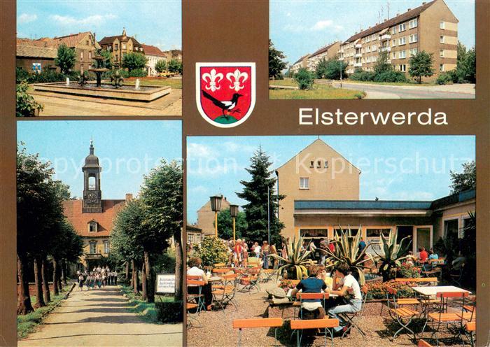 Elsterwerda Wappenbrunnen am Markt Strasse des Aufbaues Schloss EisCafe