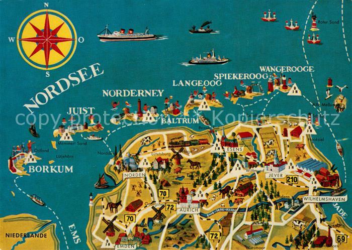 Ostfriesland Landkarte mit Nordseeinseln Kompass