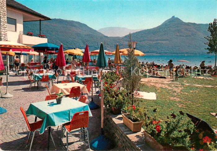 Kalterer See Suedtirol Hotel Seegarten Terrasse mit Ruine Leuchtenburg