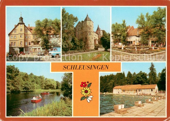 Schleusingen Rathaus Schloss Bertholdsburg Brunnen am Markt Gondelteich Freibad