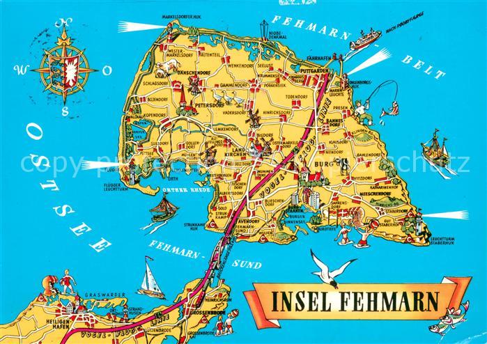 Insel Fehmarn Ostseeinsel Landkarte Vogelfluglinie Kompass