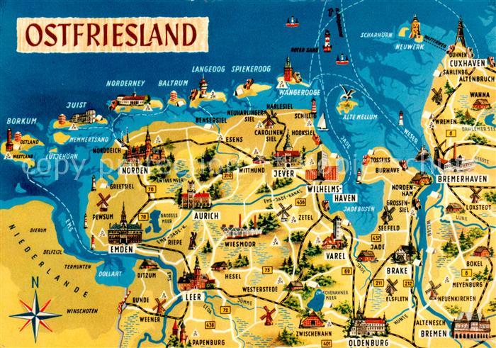 Ostfriesland Landkarte der Region mit Sehenswürdigke