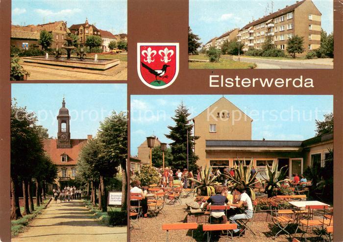 Elsterwerda Wappenbrunnen am Markt Strasse des Aufbaues Schloss EisCafe