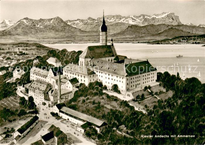 Andechs Kloster am Ammersee Rokokokirche Alpenpanorama Kuenstlerkarte