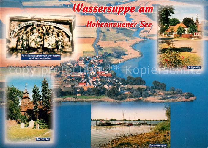 Wassersuppe am Hohenauener See Familienwappen Dorfpartie Dorfkirche Bootsanleger