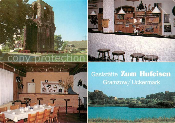 Gramzow Uckermark Gaststaette Zum Hufeisen Saal Gastraum Klosterruine Uferpartie