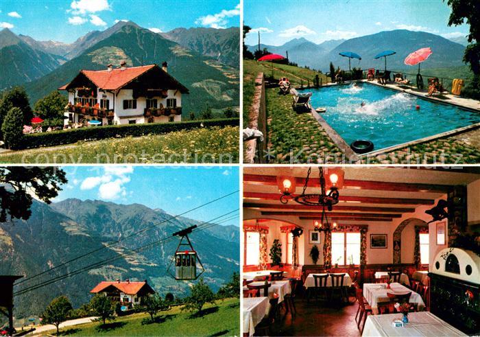 Schenna Meran Gasthof Pension Pichler Gastraum Swimming Pool Bergbahn Alpenpanor