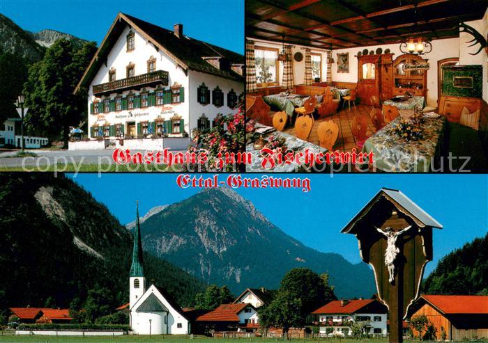Graswang Gasthaus zum Fischerwirt Gaststube Wegekreuz Ortsmotiv mit Kirche Alpen