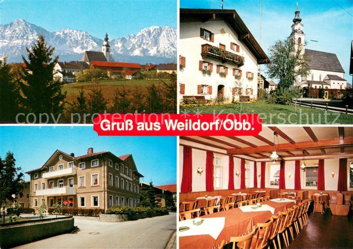 Weildorf Oberbayern Gasthof Stockklausner Ortsmotiv mit Kirche Alpenblick