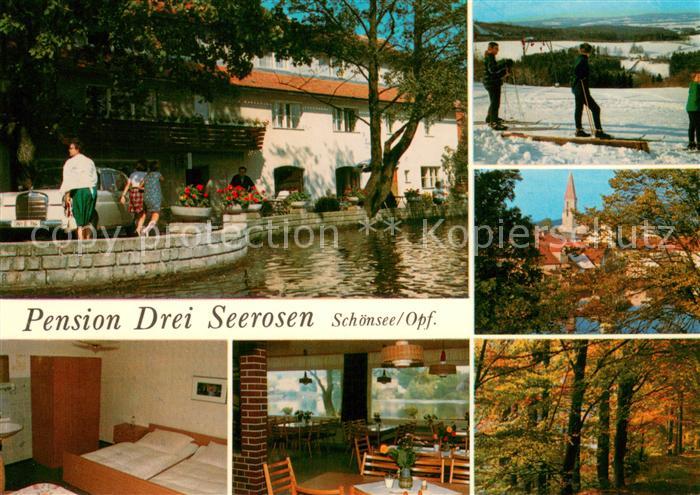 Schoensee Pension Drei Seerosen Restaurant Ortsmotiv mit Kirche Herbststimmung W