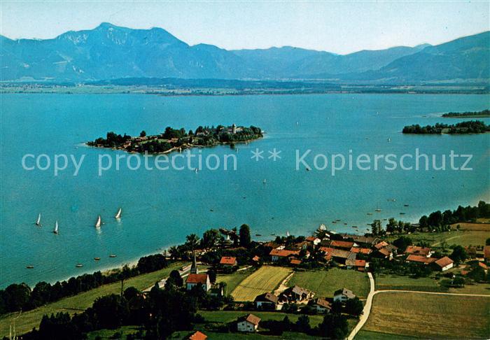 Gstadt Chiemsee Blick auf Fraueninsel und Hochgern Chiemgauer Alpen Fliegeraufna