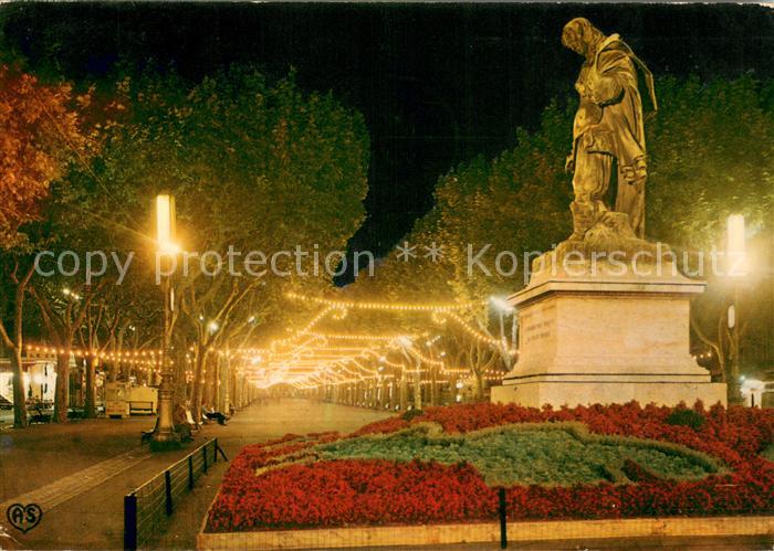 Beziers La Statue et les Allees Paul Riquet la nuit