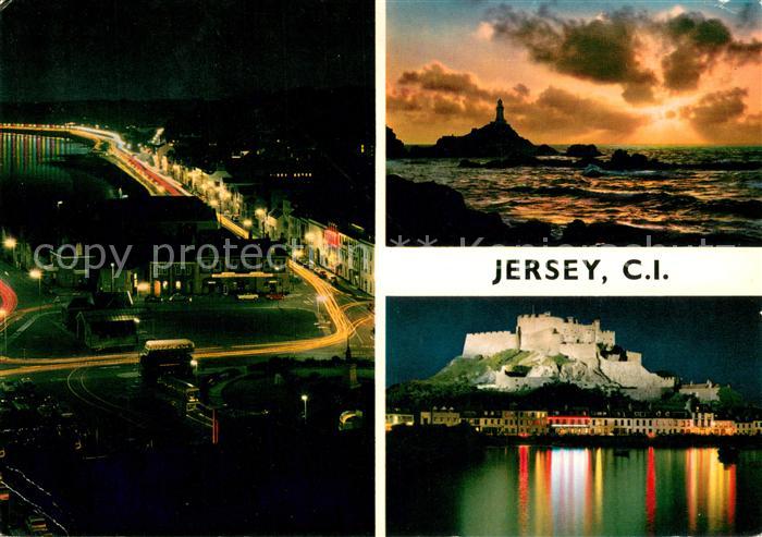 Jersey Kanalinsel Inselmotive mit Schloss bei Nacht