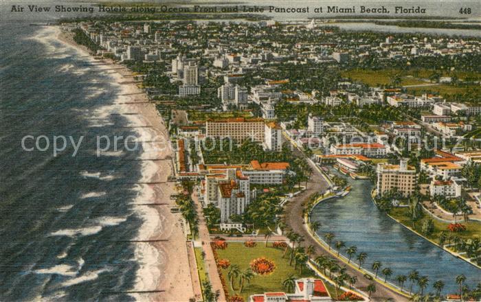 Miami Beach Air view showing Hotel along Ocean Front and Lake Pancoast