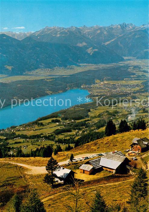 Millstaettersee Alpengasthaus Lammersdorfer Huette Fliegeraufnahme mit Seeboden