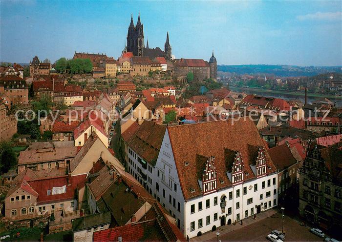 Meissen Elbe Sachsen Stadtblick vom Turm der Frauenkirche auf Markt mit Rathaus