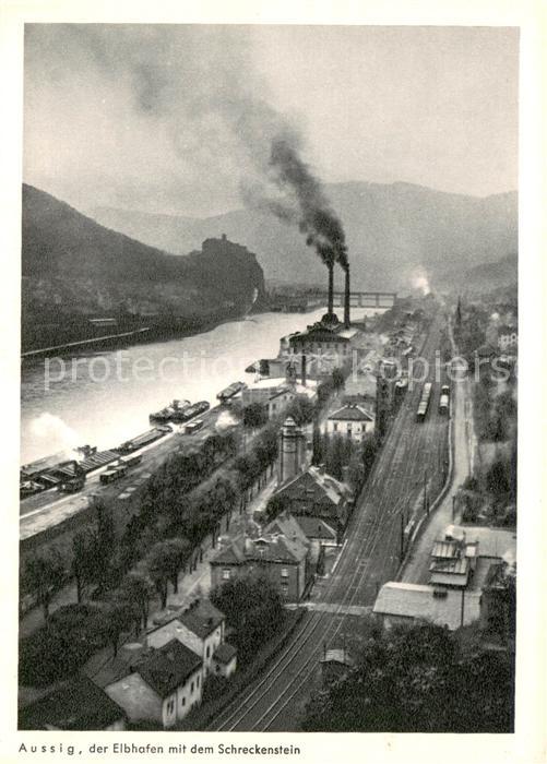 Aussig Tschechien Elbhafen mit dem Schreckenstein Eisenbahn Aus dem Jahrweiser S