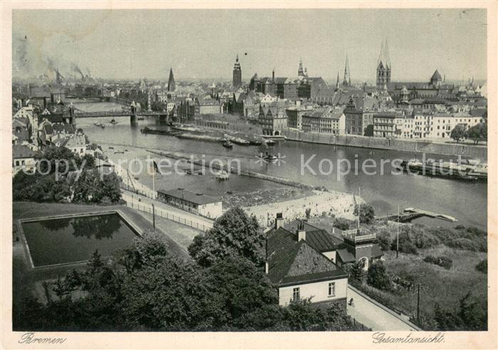 BREMEN  CITY Stadtpanorama mit Blick ueber die Weser Kupfertiefdruck