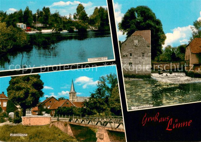 Luenne Blauer See Wassermuehle Plantluenne Bruecke Blick zur Kirche