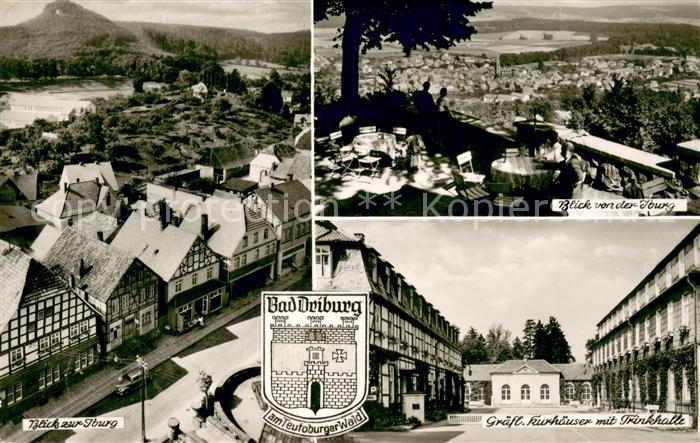 Bad Driburg Blick zur Iburg Blick von der Iburg Graefl Kurhaeuser mit Trinkhalle