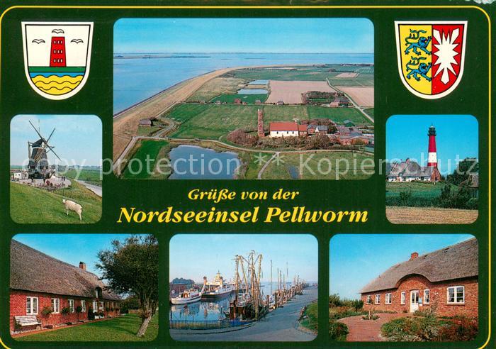 Pellworm Windmuehle Fliegeraufnahme Leuchtturm Fischereihafen Friesenhaeuser