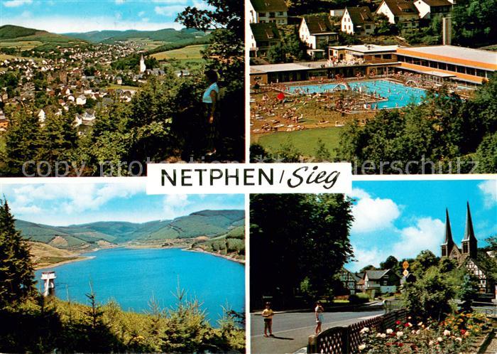 Netphen Panorama Hallen und Freibad Obernau Talsperre Kath Kirche