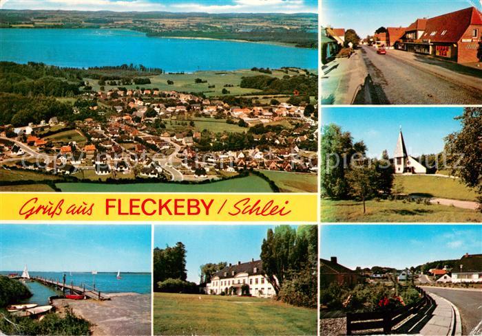 Fleckeby Fliegeraufnahme Strassenpartien Seebruecke Villa Kirche