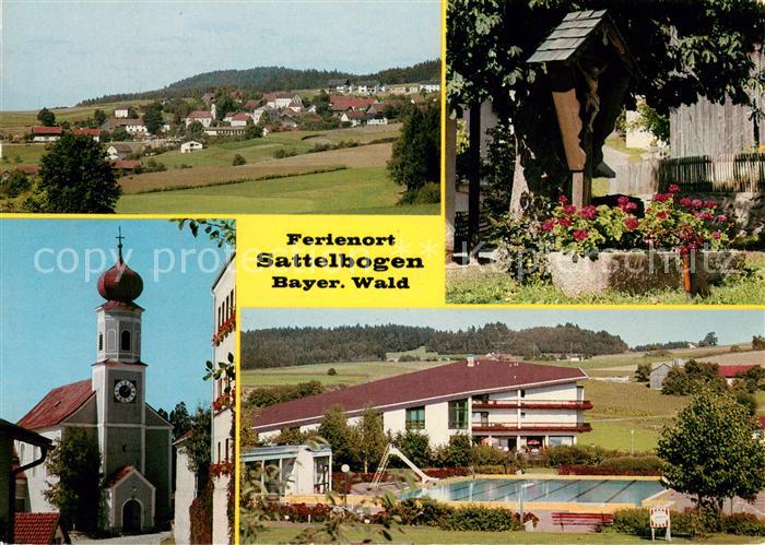 Sattelbogen Panorama Kreuz mit Blumentrog Kirche Schwimmbad
