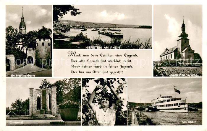 Nierstein Rhein Uferpartie am Rhein Binnenschifffahrt Kirchen Ehrenmal Fahrgasts