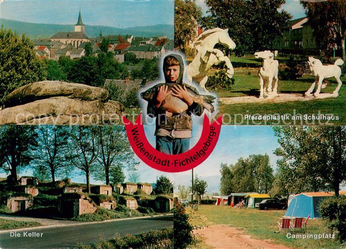 Weissenstadt Ortsansicht mit Kirche Pferdeplastik am Schulhaus Campingplatz Kell