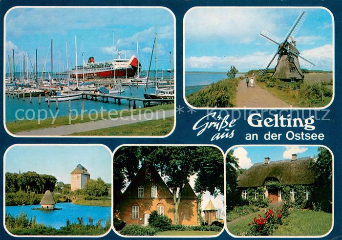 Gelting Schleswig Holstein Yachthafen Faehre Windmuehle Schwanensee Reetdachhaus